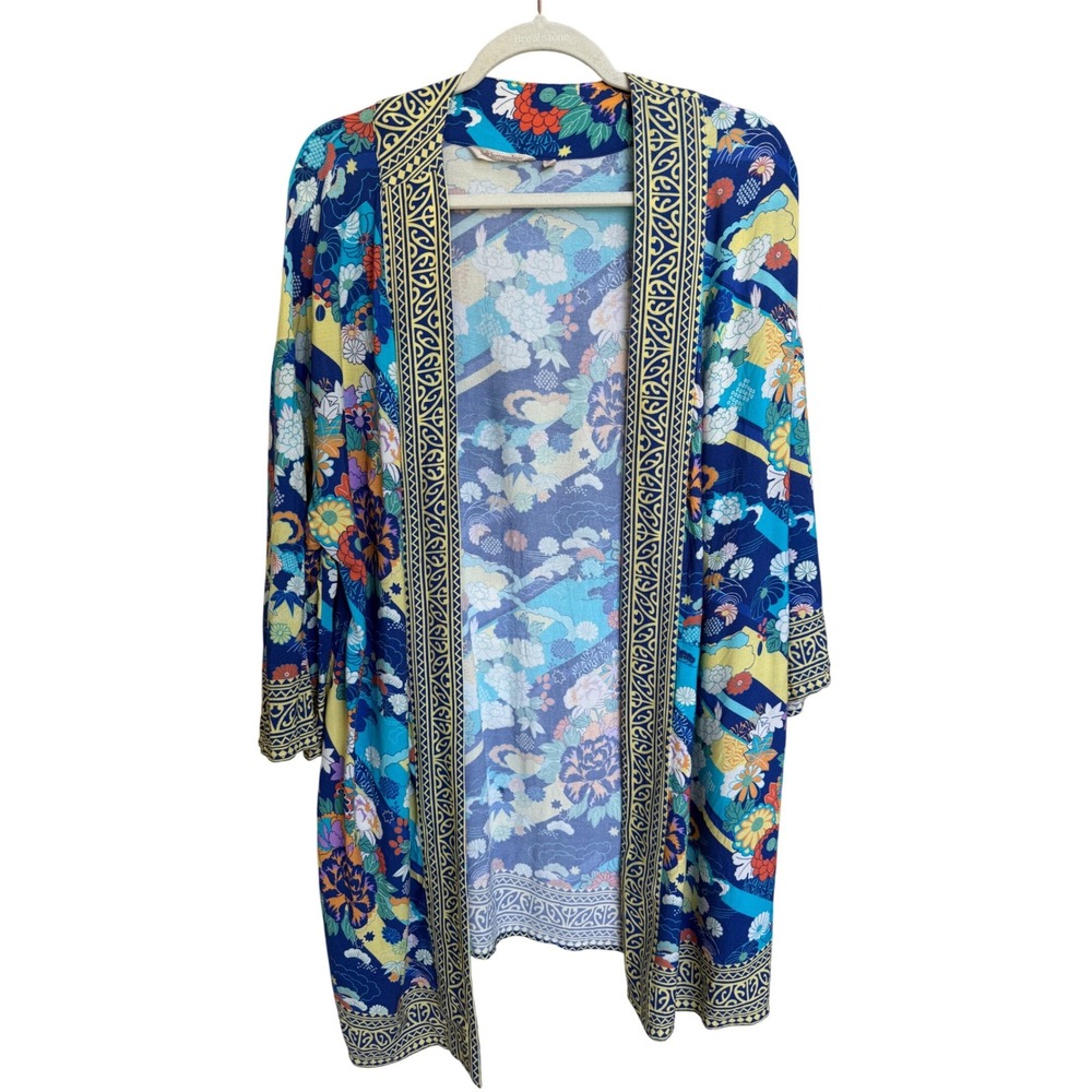 Soft Surroundings Floral Kimono Cardigan Blue Yellow Boho Open Front Size L/XL
